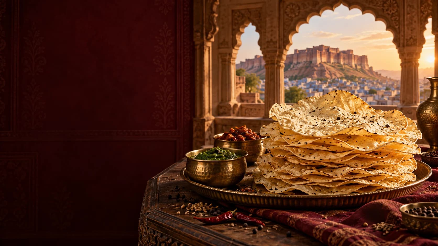Editorial serving illustration of golden papad and chutneys in a Rajasthani haveli